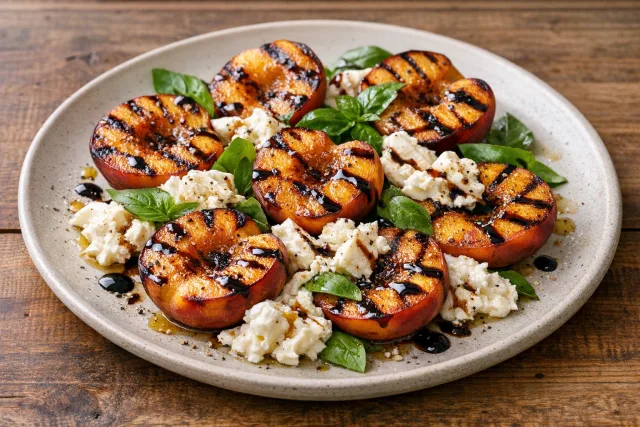 Summer Grilled Peach and Burrata Salad with Fresh Basil