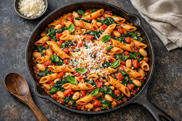 Tomato Basil Pasta with White Beans and Spinach