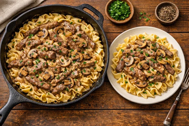 Classic Beef Stroganoff with Mushrooms and Egg Noodles