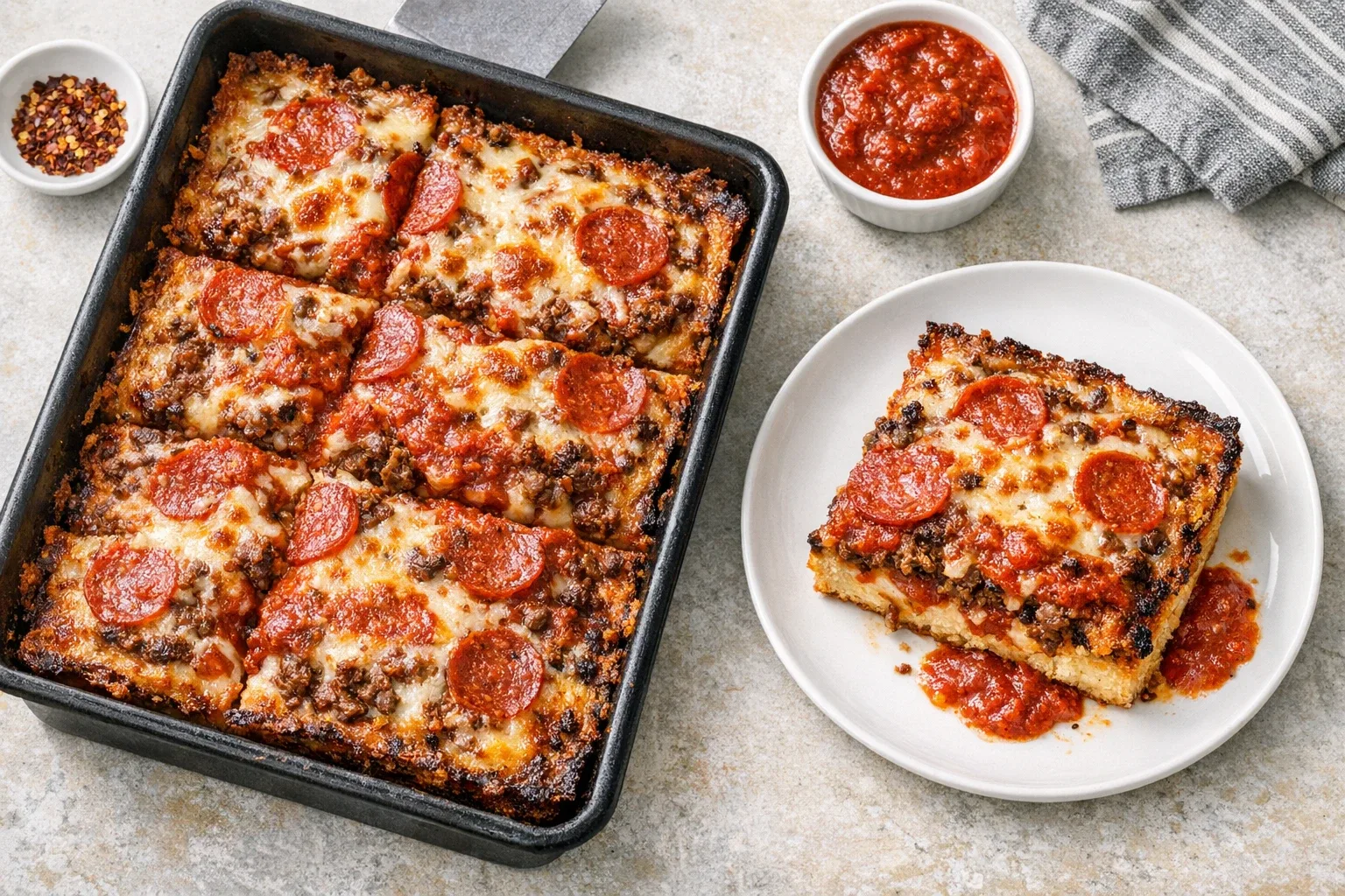 Detroit-Style Deep Dish Pepperoni Pizza with Ground Beef