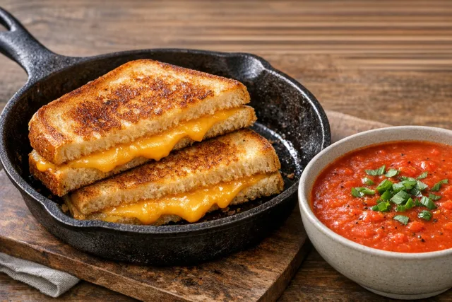 Street-Style Grilled Cheddar Cheese Sandwich with Fresh Tomato Soup