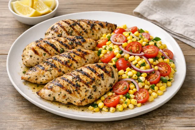 Lemon Oregano Grilled Chicken with Corn and Tomato Salad