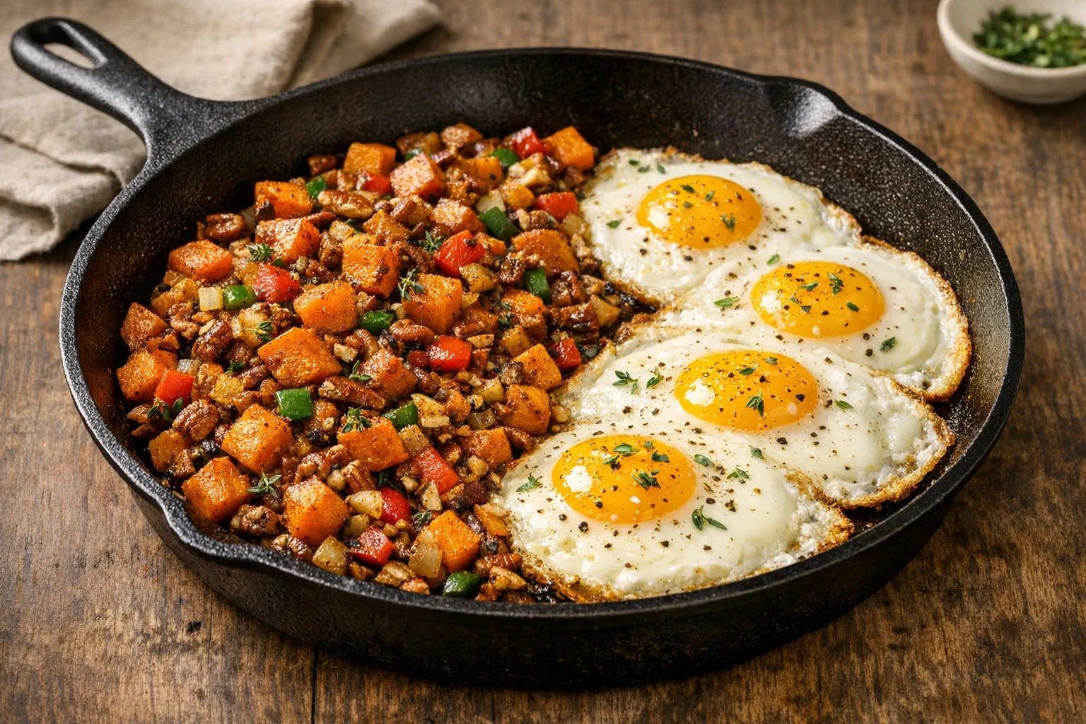 Southern-Style Sweet Potato and Pecan Hash with Eggs