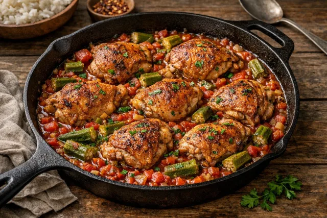 Southern-Style Braised Chicken Thighs with Okra and Tomatoes