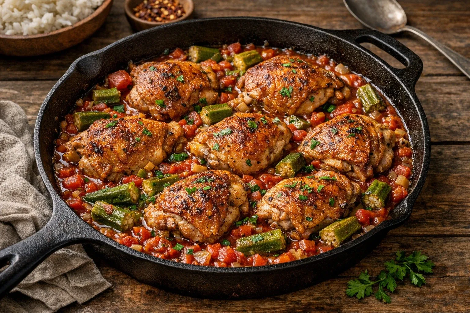 Southern-Style Braised Chicken Thighs with Okra and Tomatoes