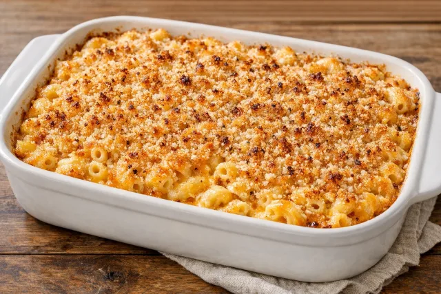 Classic Baked Mac and Cheese with Sharp Cheddar and Breadcrumb Topping