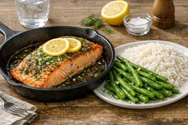 Lemon Dill Roasted Salmon with Green Beans and Rice