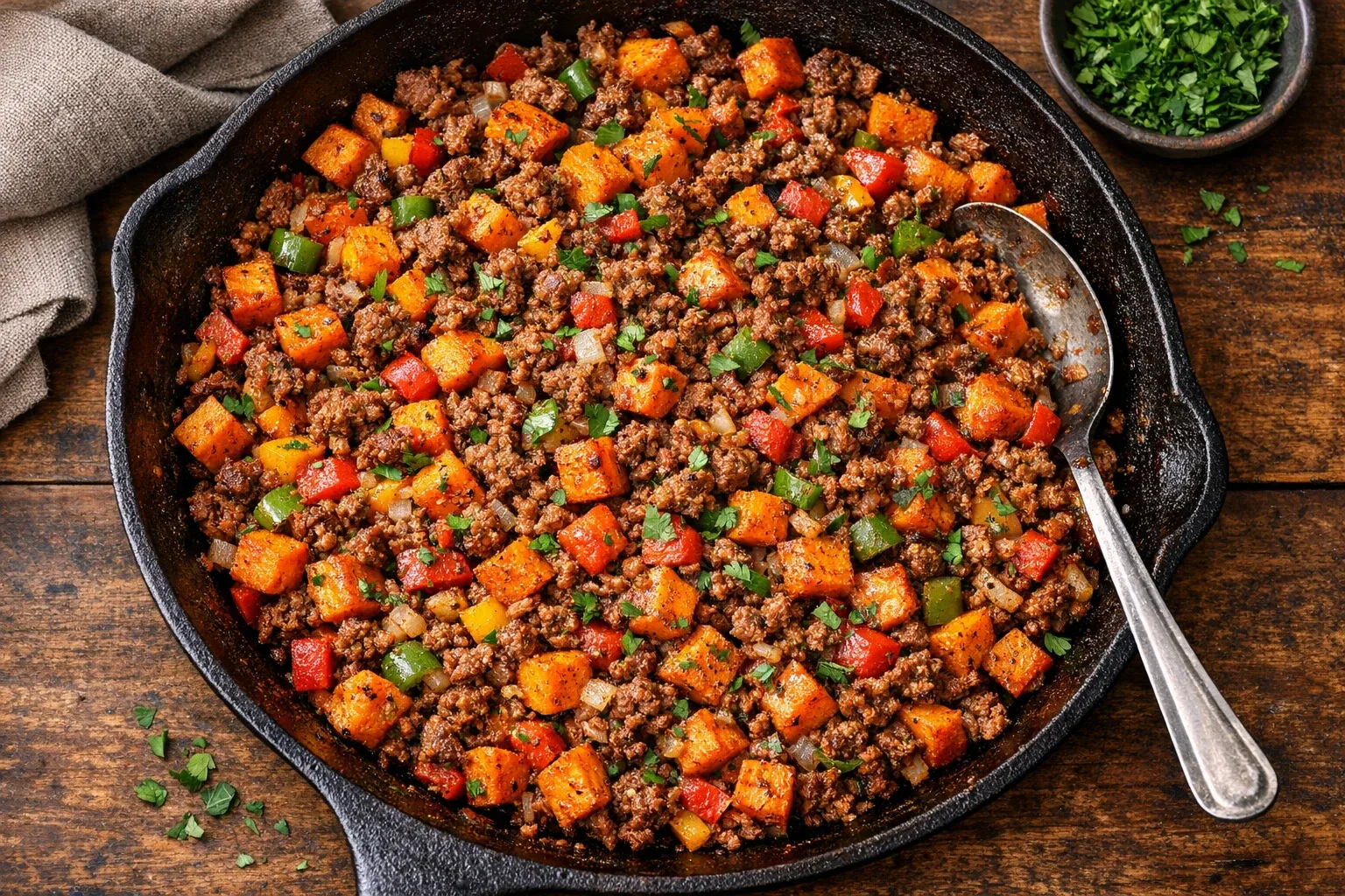 Sweet Potato Hash with Crumbled Beef and Peppers