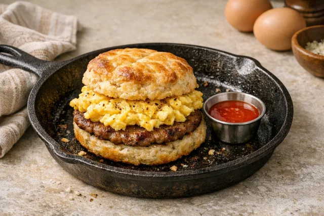 Southern-Style Buttermilk Biscuit Breakfast Sandwich with Sausage and Eggs
