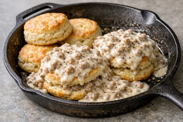 Baked Buttermilk Biscuits with Sausage Gravy