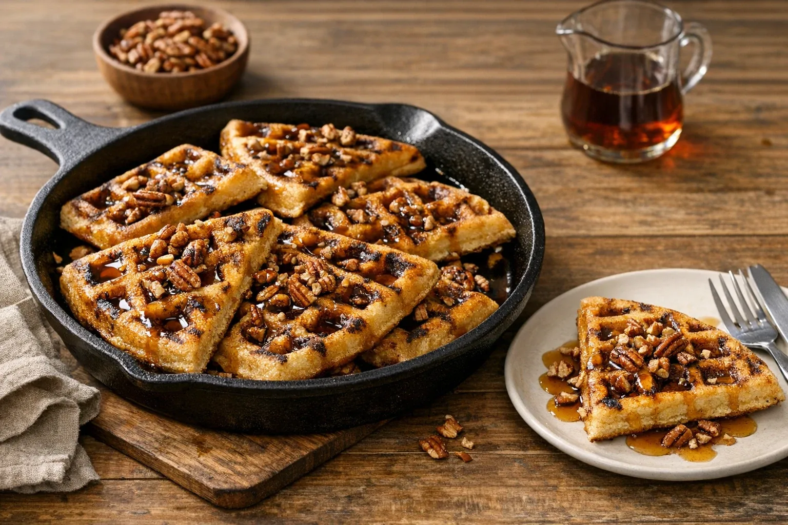 Southern-Style Grilled Buttermilk Waffles with Maple Syrup and Toasted Pecans
