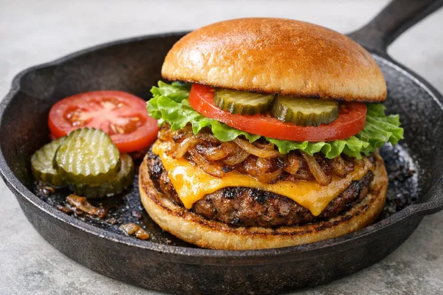 Classic American Grilled Cheeseburger with Caramelized Onions