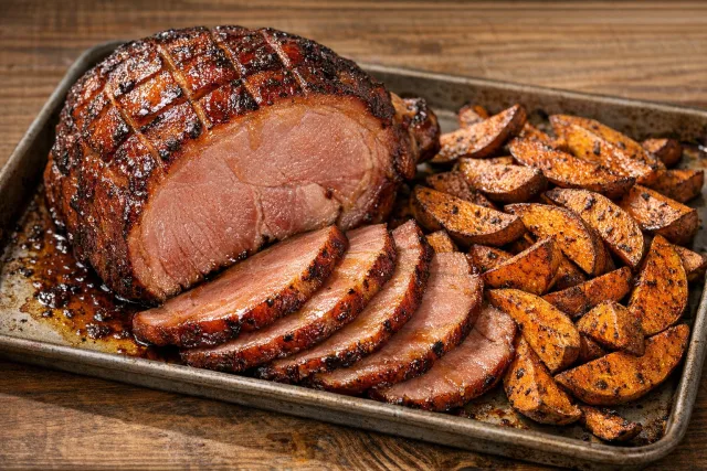 Maple Glazed Baked Ham with Roasted Sweet Potato Wedges
