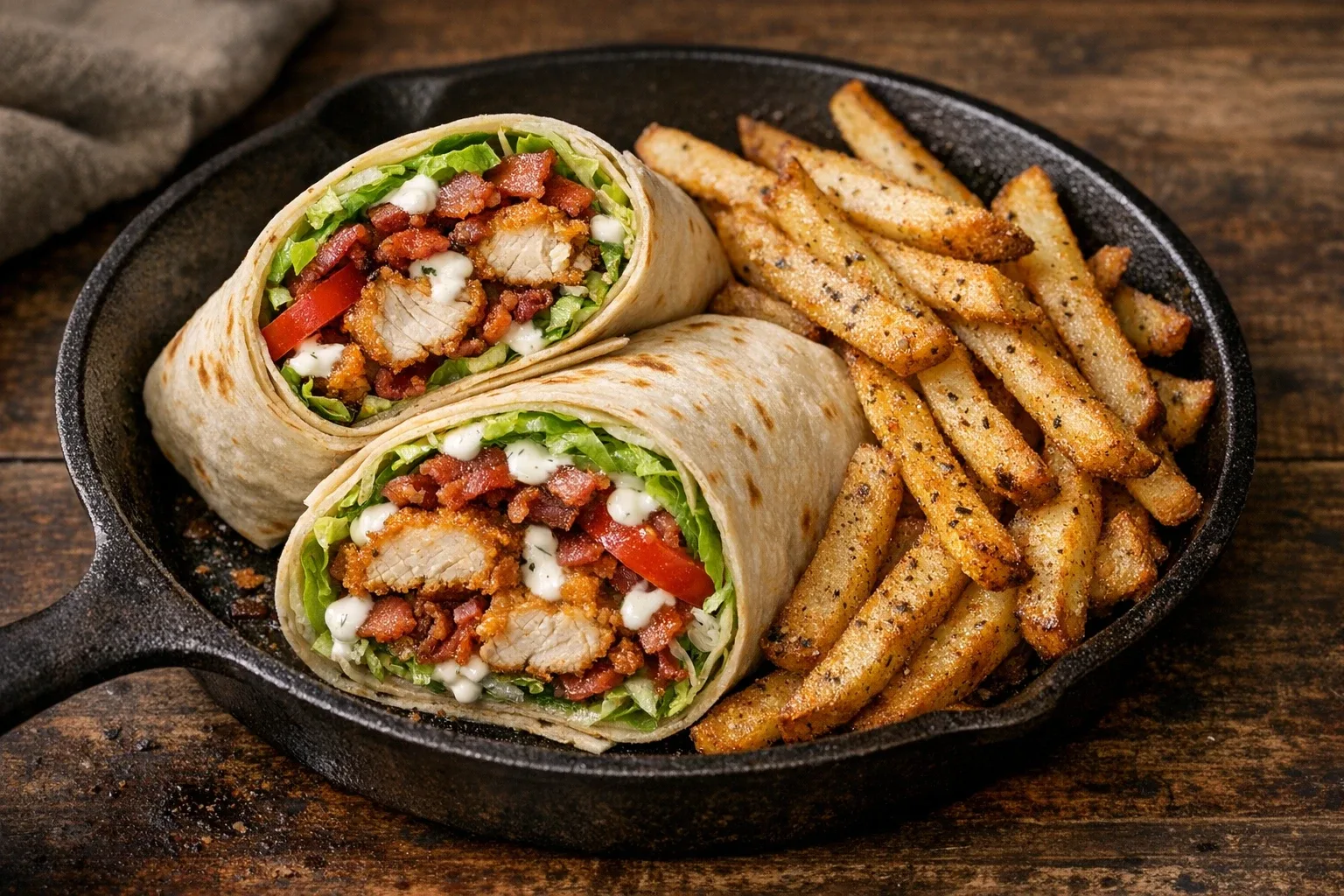 Crispy Chicken Bacon Ranch Wraps with Seasoned Fries