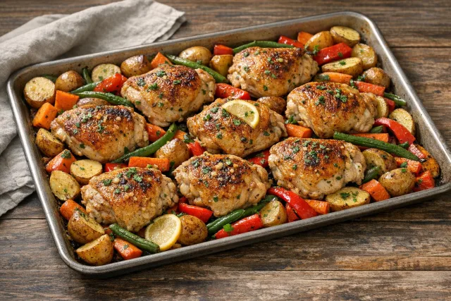 Lemon Garlic Sheet-Pan Chicken Thighs with Roasted Vegetables