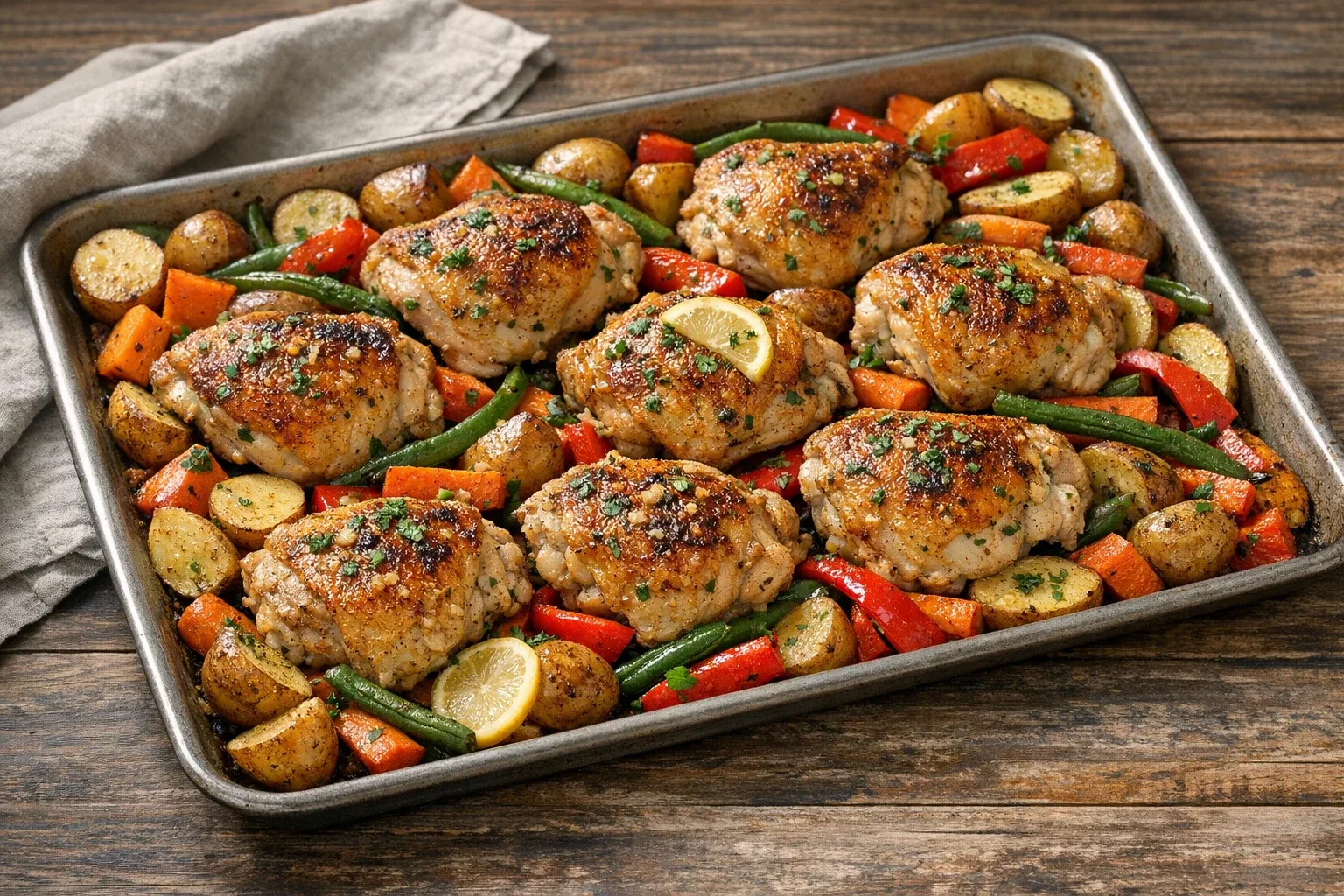 Lemon Garlic Sheet-Pan Chicken Thighs with Roasted Vegetables
