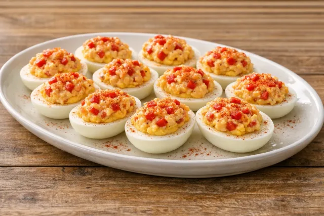 Classic Southern Deviled Eggs with Pimento Cheese Topping
