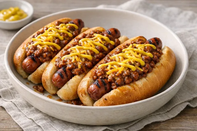 Easy Grilled Chili Cheese Beef Hot Dogs