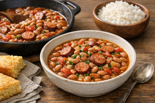 Slow Cooker Southern-Style Pinto Bean Stew with Smoked Sausage, Tomatoes, and Garlic