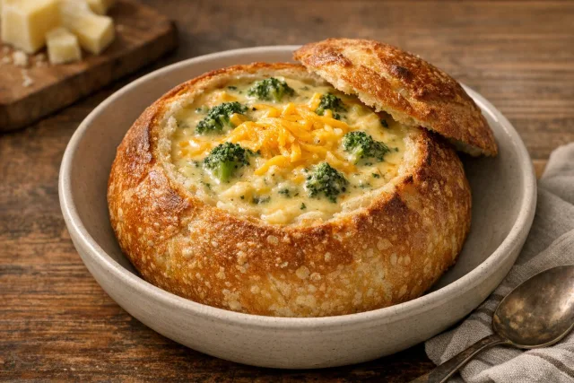 Classic Sourdough Bread Bowl with Creamy Broccoli Cheddar Soup