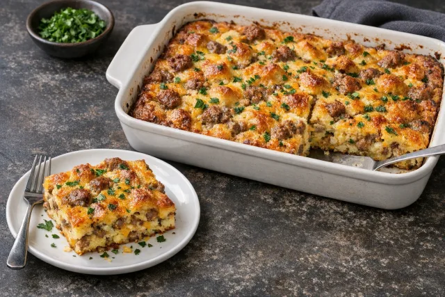 Classic American Breakfast Casserole with Eggs and Sausage