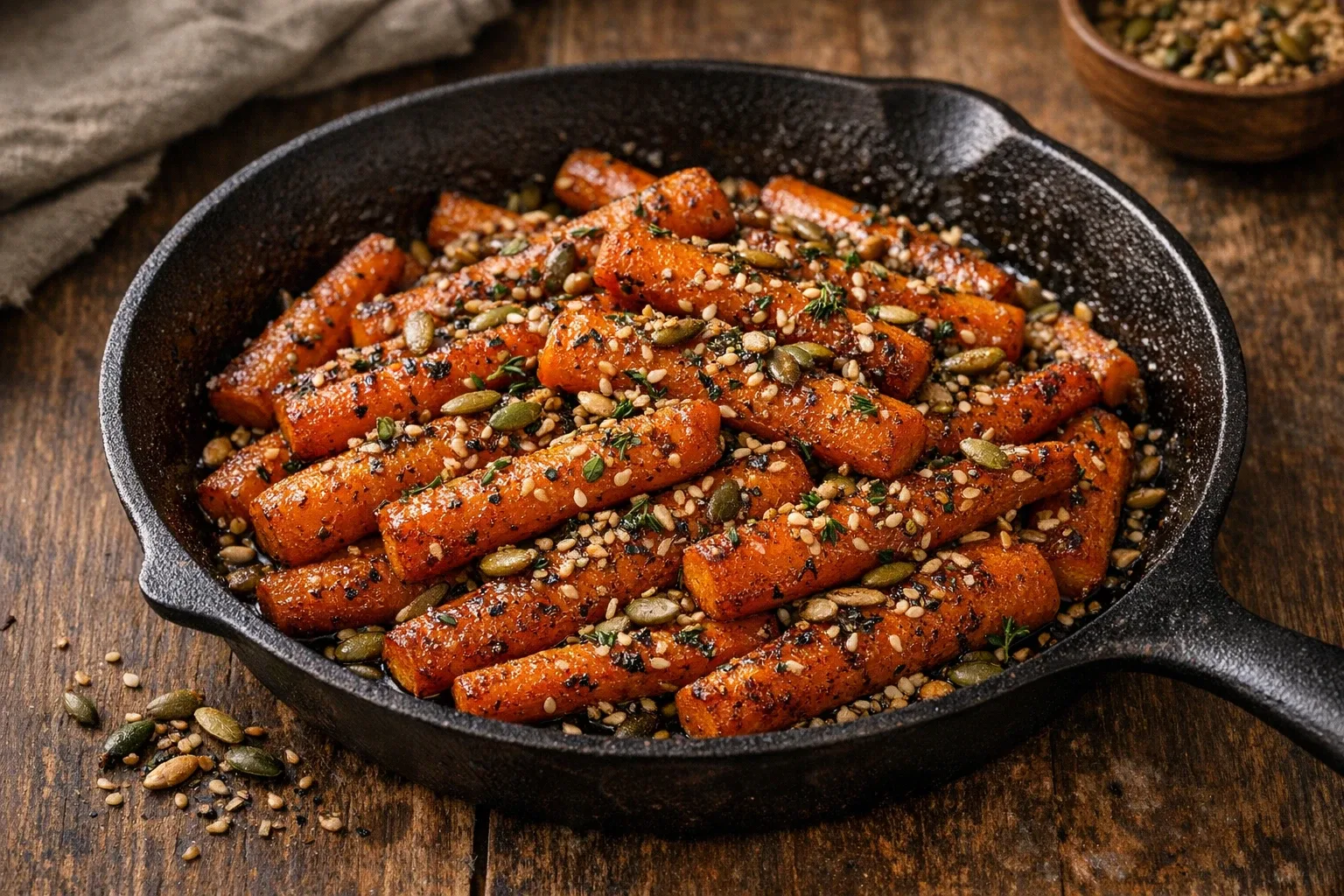 Maple Thyme Roasted Carrots with Toasted Seeds