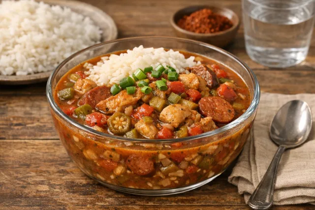 Cajun-Spiced Chicken and Sausage Gumbo with Okra and Tomatoes