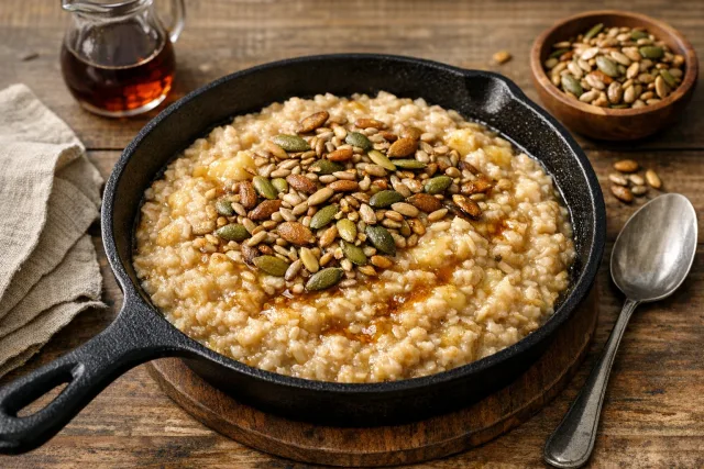 Stovetop Banana Maple Oatmeal with Toasted Seeds