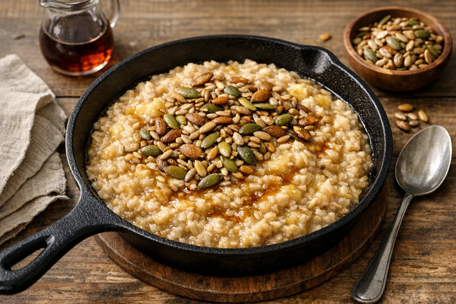 Stovetop Banana Maple Oatmeal with Toasted Seeds