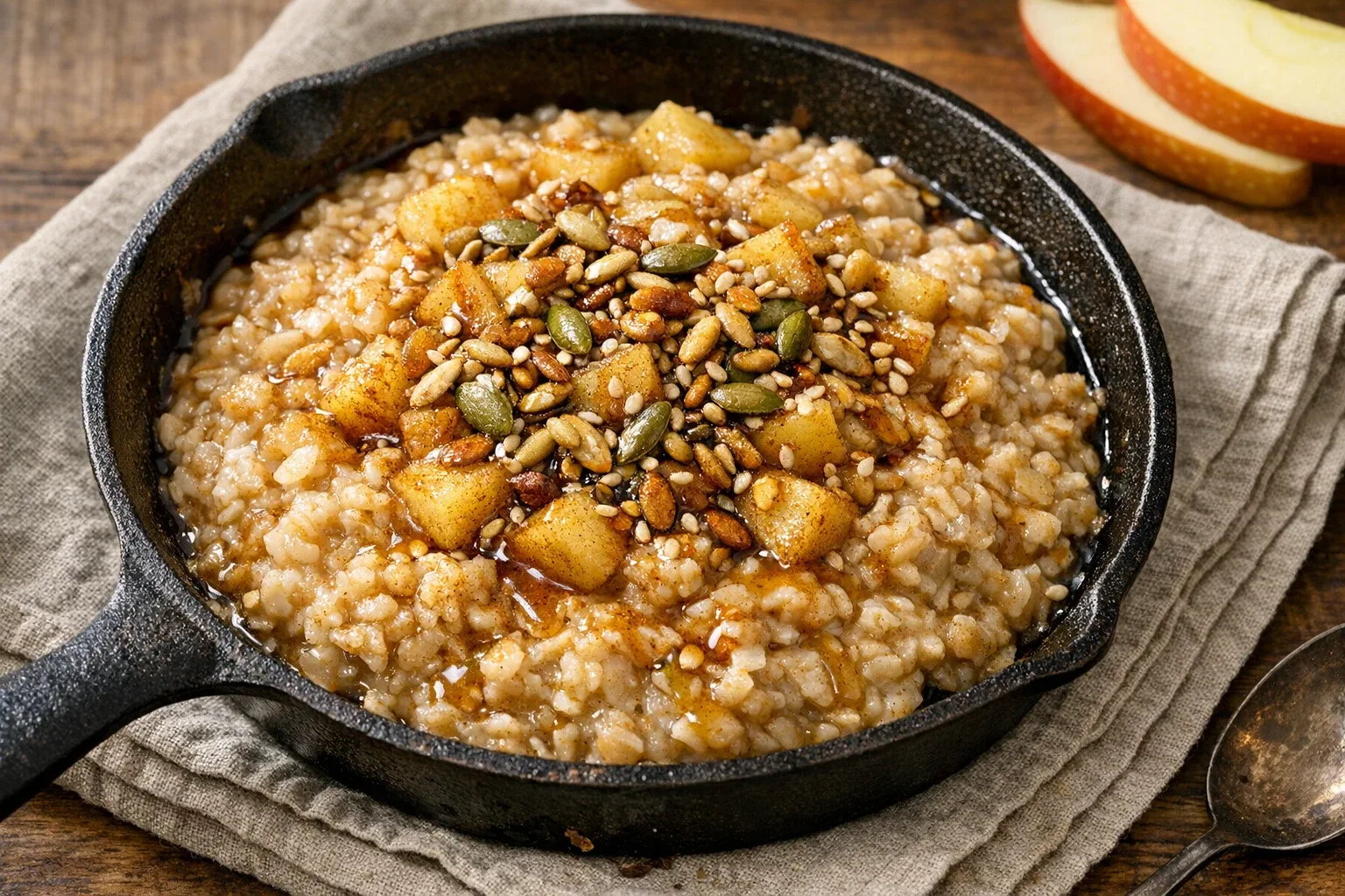 Stovetop Apple Cinnamon Oatmeal with Toasted Seeds