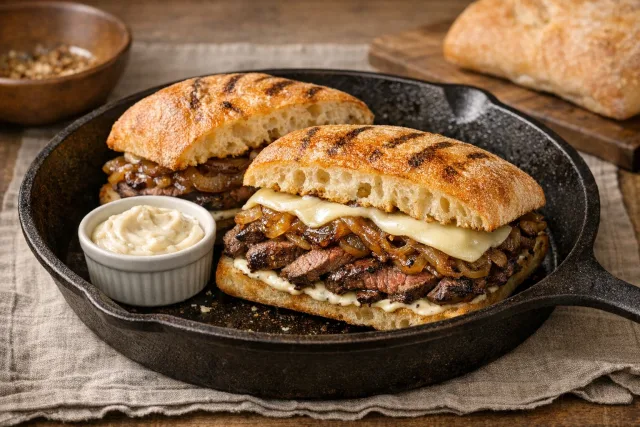 Classic American Ciabatta Steak Sandwich with Caramelized Onions