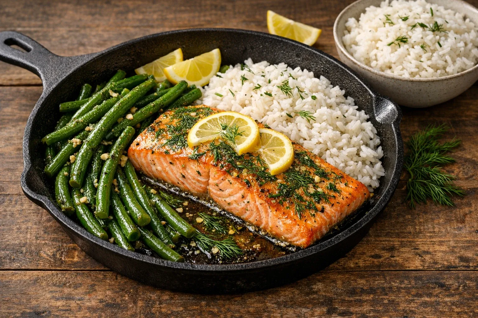 Lemon Dill Roasted Salmon with Green Beans and Rice