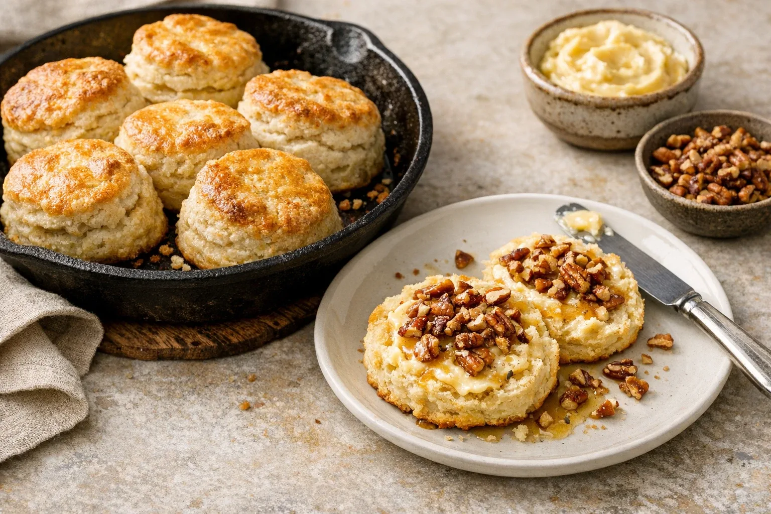 Easy Baked Buttermilk Biscuits with Honey Butter and Pecan Topping