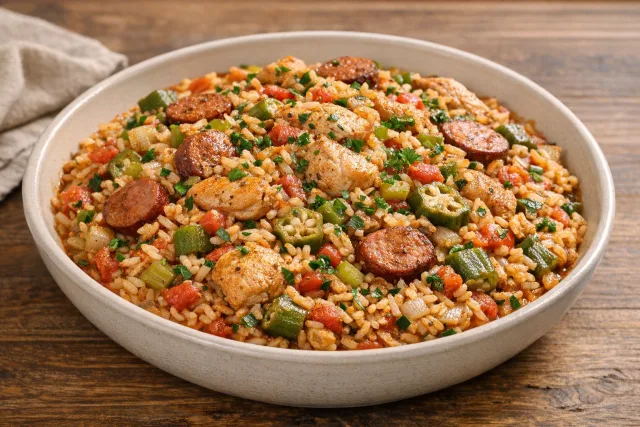 One-Pot Cajun Chicken and Sausage Jambalaya with Okra