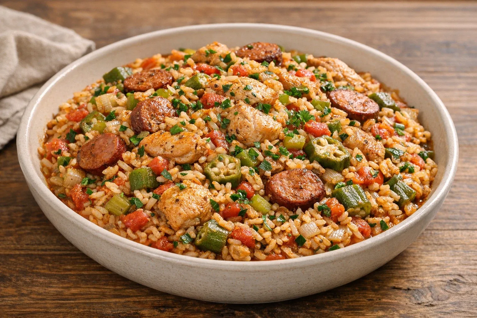 One-Pot Cajun Chicken and Sausage Jambalaya with Okra