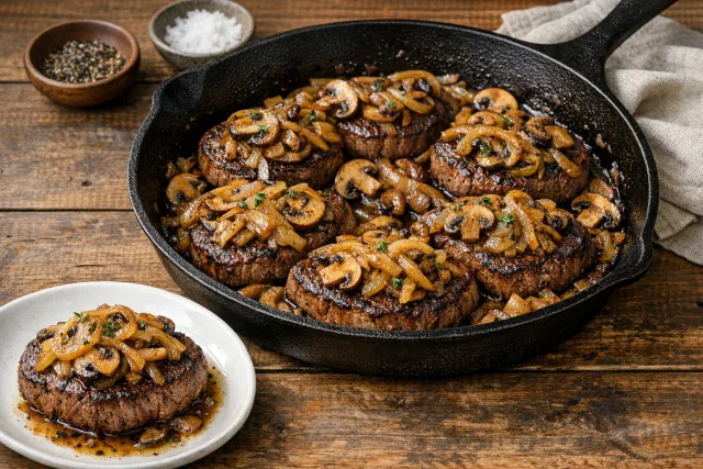 Skillet-Seared Beef Medallions with Caramelized Onions and Mushrooms