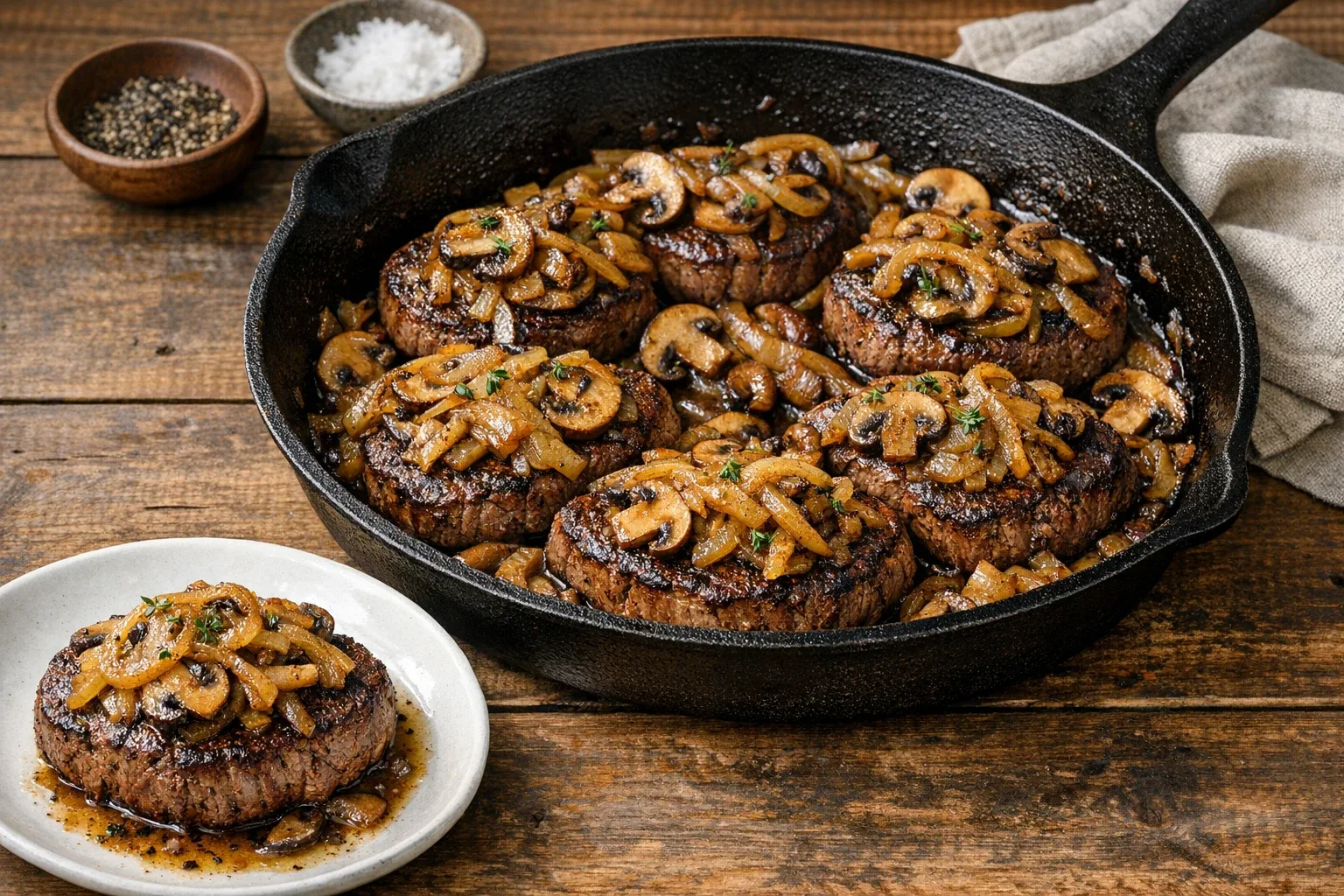 Skillet-Seared Beef Medallions with Caramelized Onions and Mushrooms