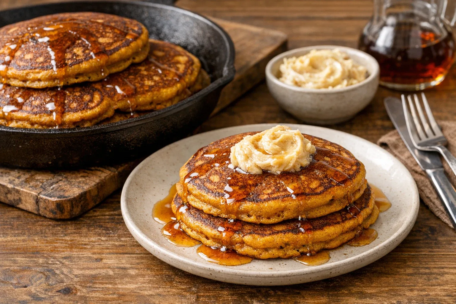 Spiced Pumpkin Pancakes with Maple Butter