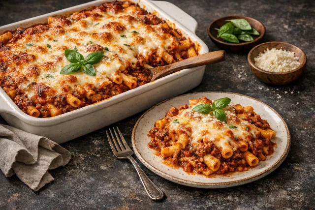 Classic Baked Ziti with Meat Sauce and Mozzarella