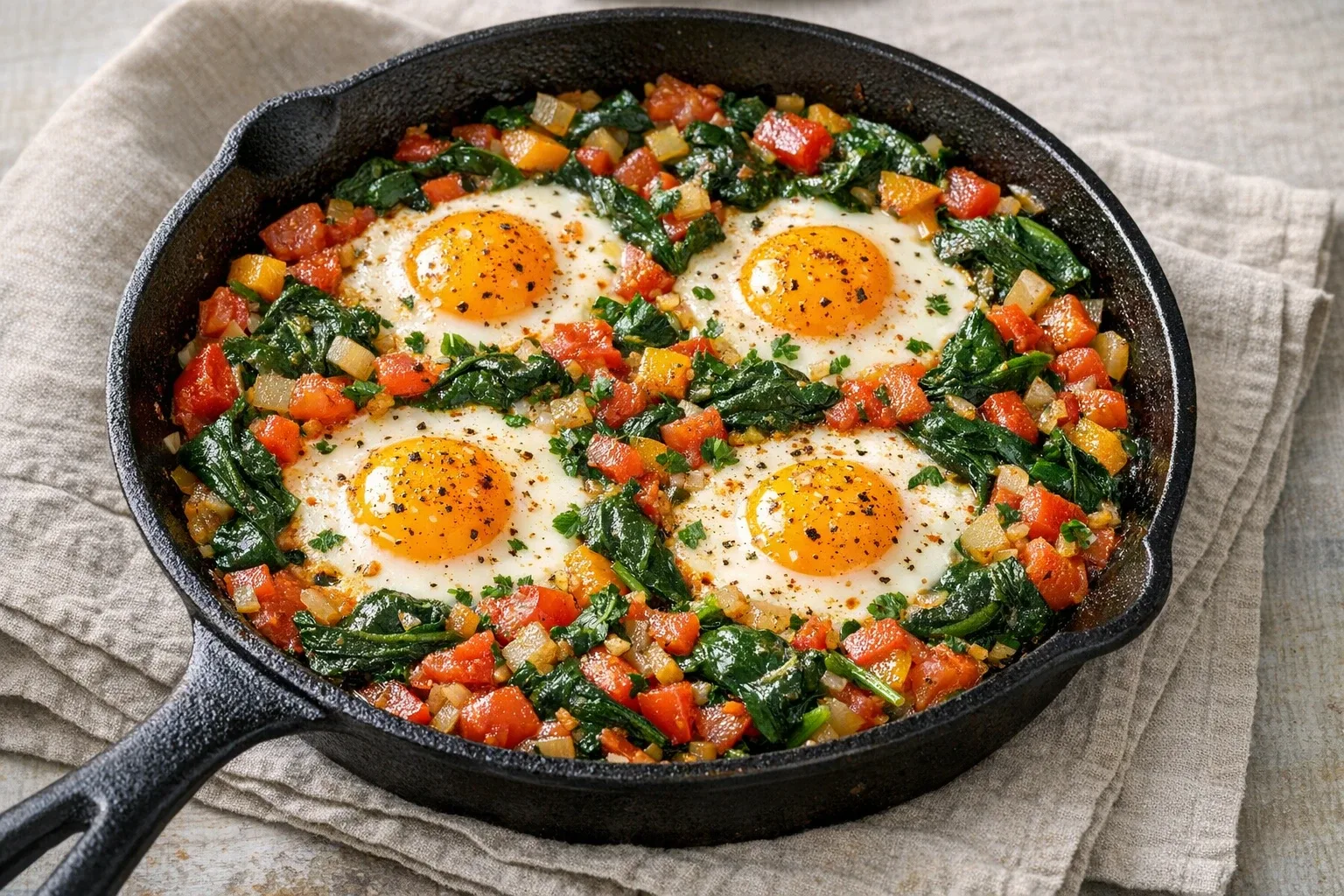 Spinach and Tomato Egg and Vegetable Breakfast Skillet