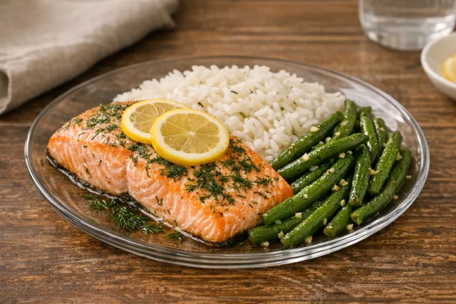 Lemon Dill Roasted Salmon with Green Beans and Rice