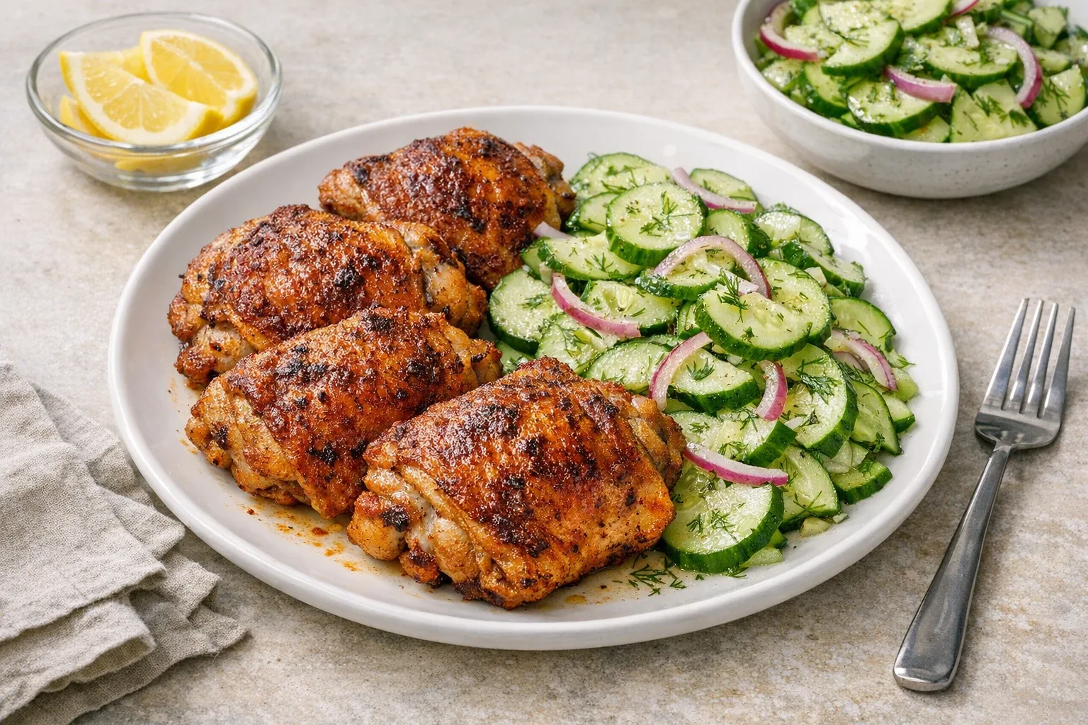 Paprika Garlic Air-Fryer Chicken Thighs with Cucumber Salad