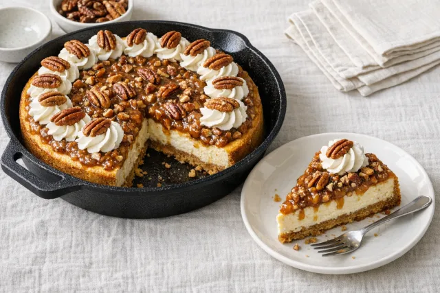 Baked Whipped Pecan Praline Cheesecake with Buttery Crust
