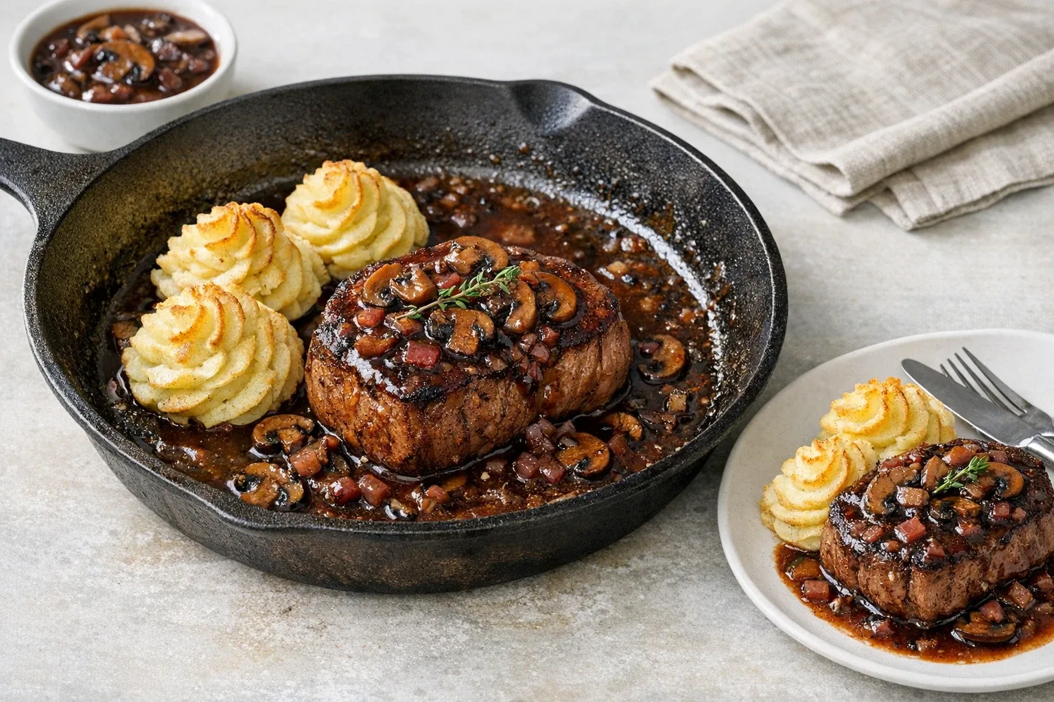 Garlic Butter Filet Mignon with Parmesan Duchess Potatoes and Red Wine Mushroom Sauce