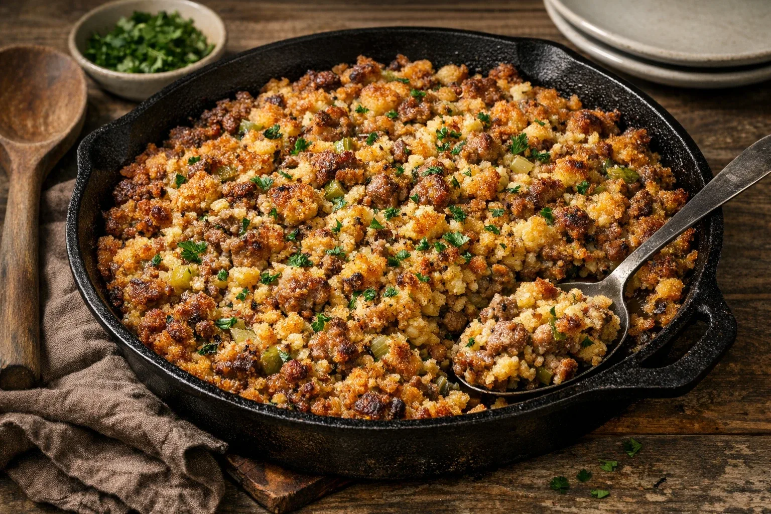 Skillet Cornbread Dressing with Sausage