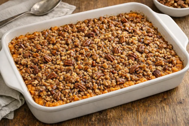 Southern Style Sweet Potato Casserole with Pecan Topping
