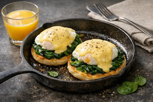 Eggs Florentine with Hollandaise and Fresh Spinach on English Muffins
