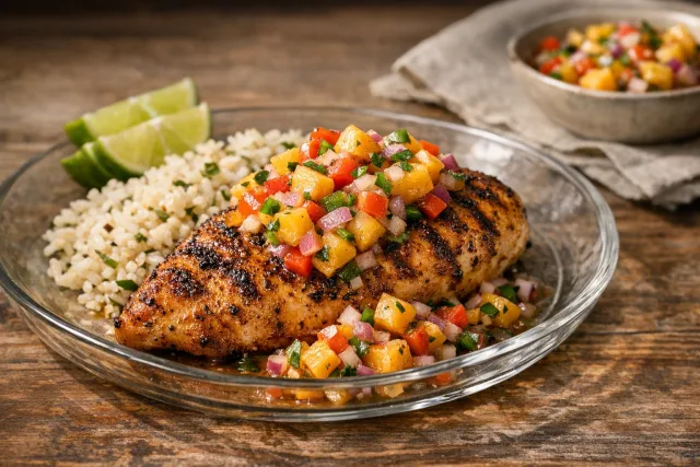 Grilled Cajun-Spiced Chicken Breasts with Peach Salsa