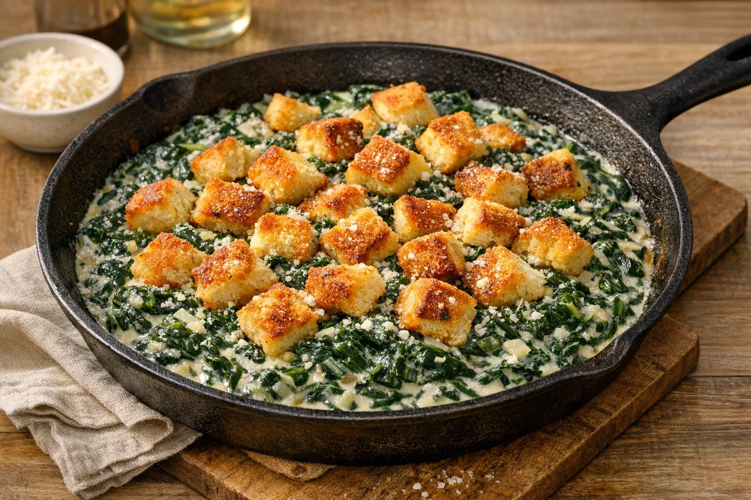 Southern Style Creamed Spinach with Buttermilk Biscuit Croutons