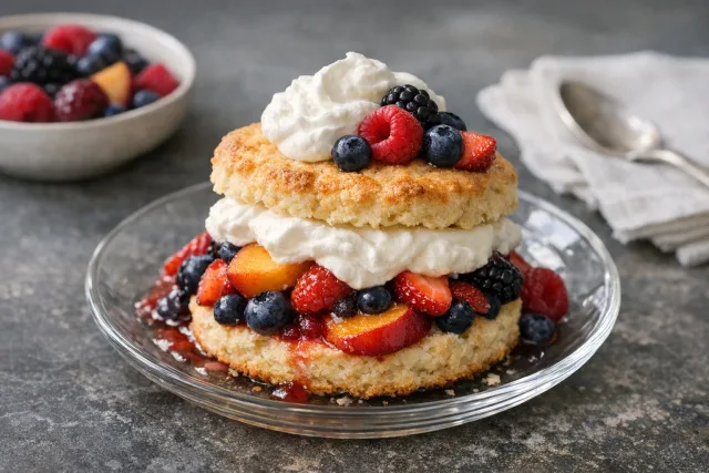 Southern Peach and Mixed Berry Shortcake with Whipped Cream